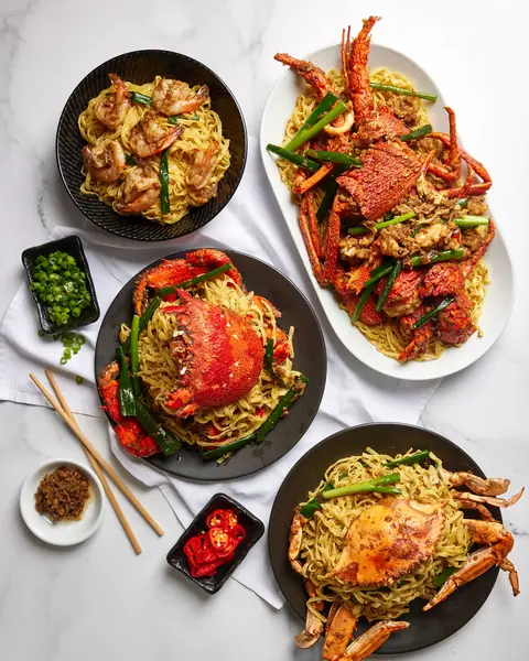 Spanner crab with XO noodles, fried rice and seaweed salad