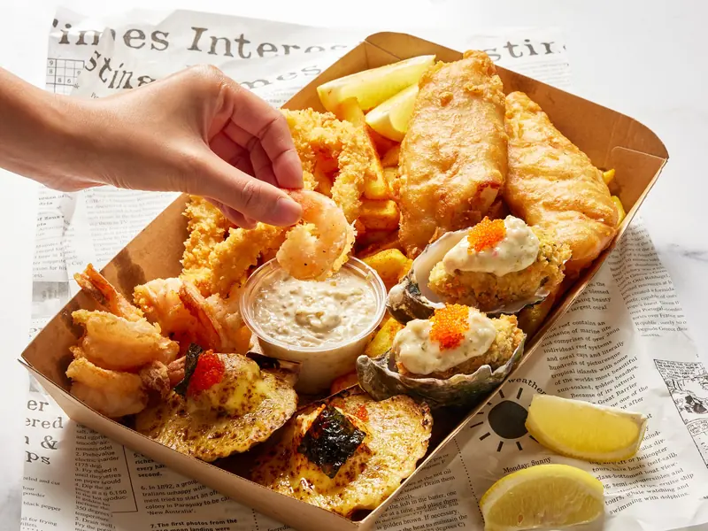 The OBK Ocean Basket: crumbed oysters, aburi scallops, calamari, prawns, battered fish and chips